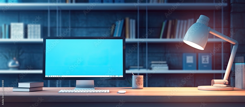 Poster a computer screen with a generic design is shown in a business office room in blue tones. includes