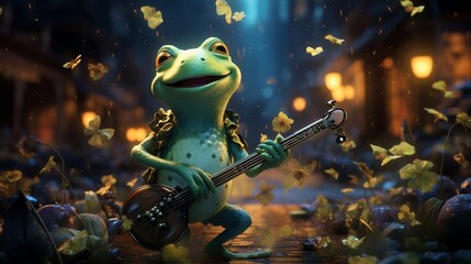 A cartoon art style image of a lively frog playing a tiny saxophone, surrounded by musical notes and a jazzy atmosphere - obrazy, fototapety, plakaty