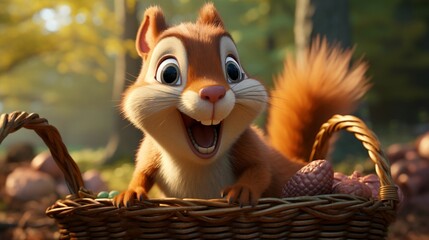 A cartoon art style image of a mischievous squirrel stealing an oversized acorn from a picnic basket - obrazy, fototapety, plakaty
