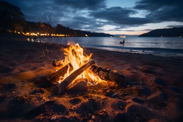 A fire pit is lit on a beach as the sun goes down. Stunning background of the twilight sky, sea and town in the distance. Generative AI.