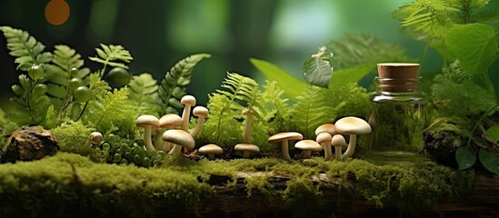 A natural scene with moss, leaves, and green grass, featuring ginseng roots and reishi mushrooms.