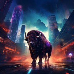 A dynamic high-angle shot of a Bison transformed by Synthwave colors, showcasing its majestic presence against a futuristic cityscape - obrazy, fototapety, plakaty