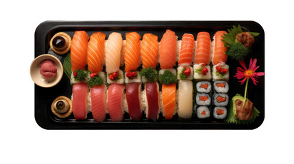 Top view of a sushi box with various delicious fresh sushi in a black bowl. Take away food isolated on white.
