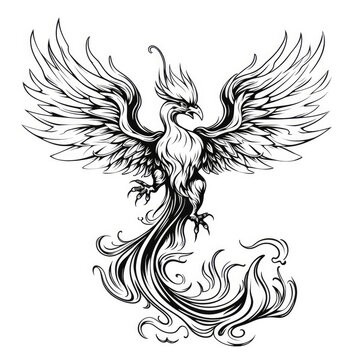 a drawing of a phoenix in black and white. Tattoo idea for a fantasy theme.