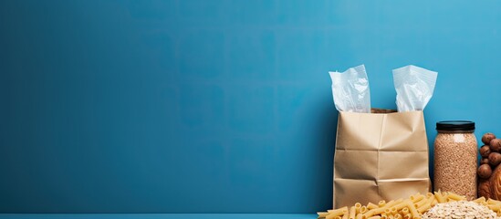 A blue background with copy space featuring a paper bag containing essential food items such