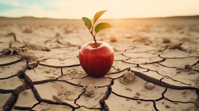 An apple on a dry and cracked desert soil. Food insecurity, water supply shortage, hunger, drought, climate change and desertification concept. generative ai