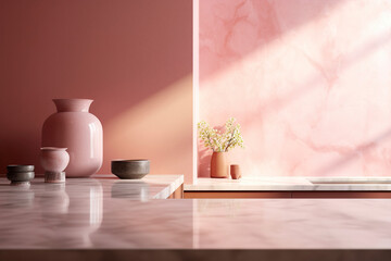 A sunny pink kitchen with countertops. (Generative AI)