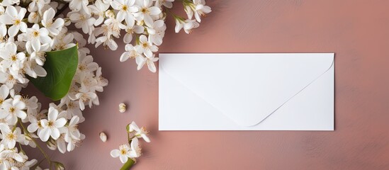 Top view mockup of a blank paper greeting card with an envelope and white flowers, along with