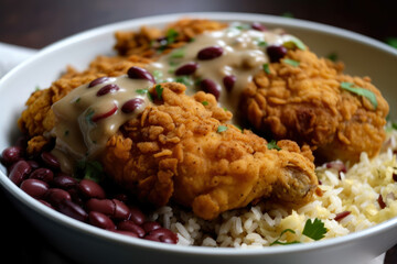 A close-up macro shot captures the deliciousness of a forkful of red beans and rice mixed with...