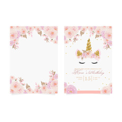 1st birthday party invitation with beautiful unicorn surrounded with glitters and roses