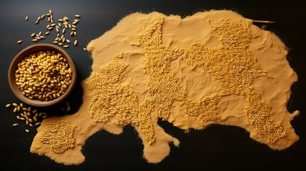 Map of Ukraine made of wheat kernels as main grain export country in Europe. Concept of food supply crisis, global food scarcity and hunger because of war in Ukraine generative ai