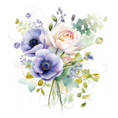 Watercolor floral decor, isolated on white, featuring ranunculus and hydrangea with abstract branches, wild flower bouquet.