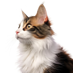 Adorable cat posing on white backround, gazing at the camera. Studio image. Profile angle.