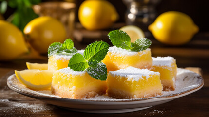A tangy special angle commercial shot of a tray of fresh Lemon Bars, highlighting the bright yellow color and the crumbly crust