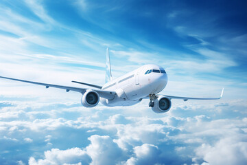 White passenger airplane flying in the sky amazing clouds in the background - Travel by air transport, aesthetic look