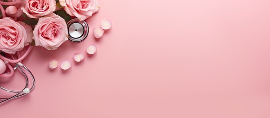 A top-down view of roses with a stethoscope on a pink background, with space for text. Celebrating - obrazy, fototapety, plakaty