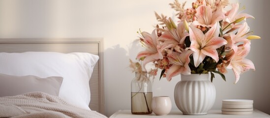A beautiful vase with alstroemeria flowers and decorative items on a bedside table in a bedroom.
