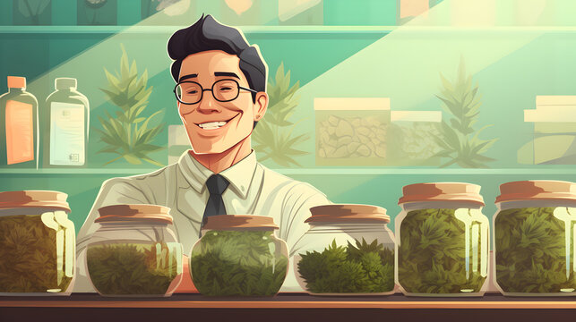 Medical marijuana shop in Thailand, happy Thai man salesman standing near the cannabis in glass jars. Ai illustration image.