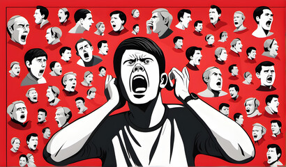 Social Anxiety Disorder: A Man Shouting, Closing Ears, and Coping with Stress in a Bullying Workplace - Exploring Depression through Abstract Illustration on Abstract Background