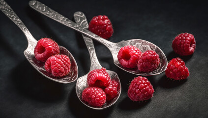 Raspberries in silver spoons. AI generated