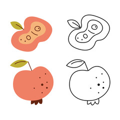 A small set with an apple and a half of apple. Black and white and color clipart vector illustration.