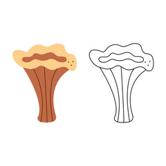 Small set with abstract chanterelle. Black and white and color clipart vector illustration.
