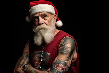 Portrait of bearded sexy brutal handsome santa man with mustache and tattooed hands on a dark black background
