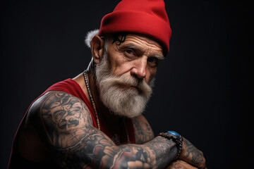 Portrait of bearded sexy brutal handsome santa man with mustache and tattooed hands on a dark black background