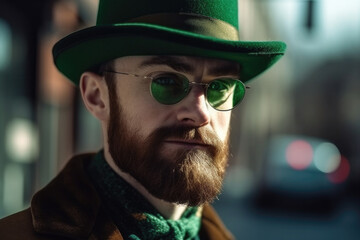 Portrait of a bearded serious mysterious irish gentleman wearing a green hat and eyeglasses outdoors