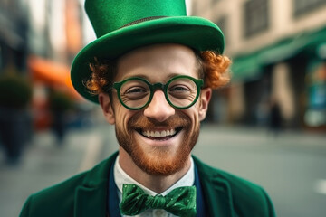 Portrait of a bearded joyful laughing adult irish man wearing a green hat and eyeglasses outdoors at celebrate St.Patrick 's Day - obrazy, fototapety, plakaty