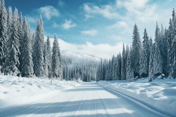 Wide shot of a road fully covered by snow with pine trees on both sides and car traces, aesthetic look - obrazy, fototapety, plakaty
