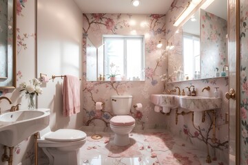 luxurious bathroom with elegant furniture and tasteful decor. Serene and spacious living space, peach and powder pink luxury interior design floral color toilet and shower with washbasin.