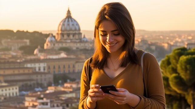 Young woman holding phone in front of Rome cityscape
