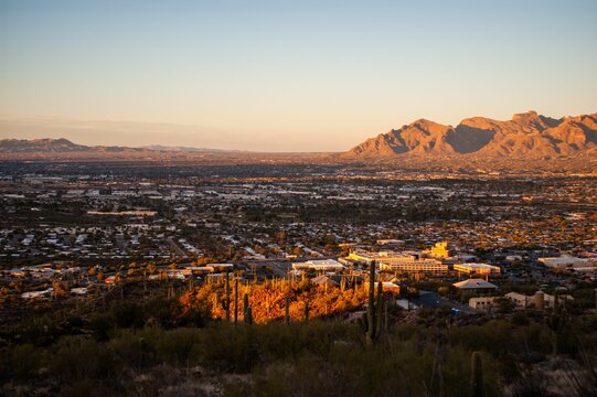 Aerial view of Tucson and Oro Valley, Arizona, USA, with the Catalina Mountains in the background