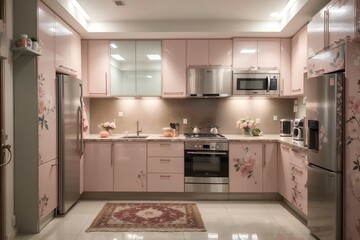 luxurious kitchen with elegant furniture and tasteful decor. Serene and spacious cooking space, peach and powder pink luxury interior design floral color refrigerator and oven with dinning table.