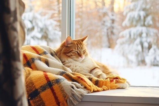 Ginger cat sleeps on warm comfy windowsill on a winter day