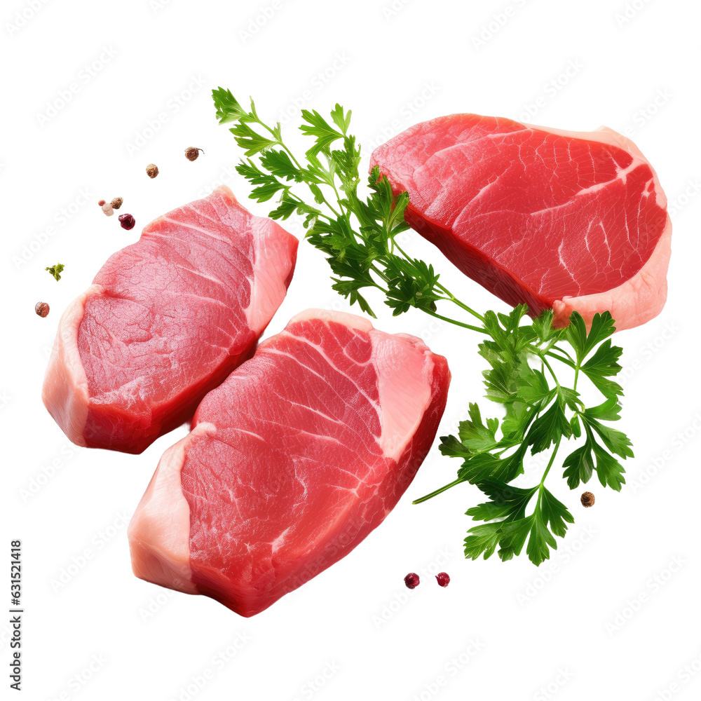 Poster fresh tuna steaks with parsley on white backround.