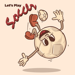 let's play football funky mascot. overhead kick socer ball with face cartoon character mascot vector illustration