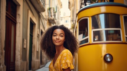 Young beautiful woman posing next to the tram on the streets of Europe - obrazy, fototapety, plakaty