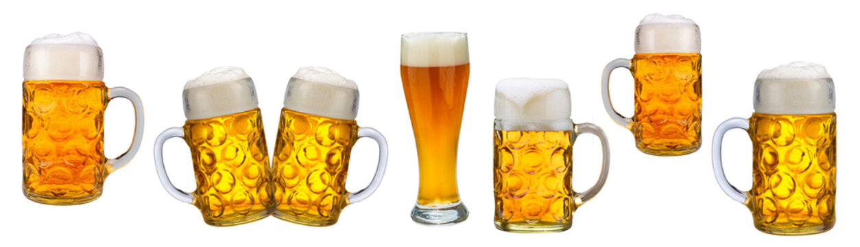collection set of beer glasses in Bavaria at Oktoberfest in Munich, isolated over transparent background png