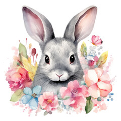 Watercolor drawing of a charming grey bunny with pink ears amid vibrant flowers on a plain backdrop.