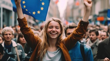 Group of people protesting with European union flag - obrazy, fototapety, plakaty