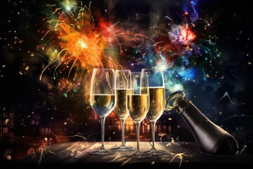 Illustration of New Year Eve's party celebration with champagne glasses clinking, Generative AI