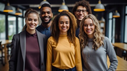 Fototapeta premium Multi-ethnic group of executive workers standing facing the camera in a coworking space