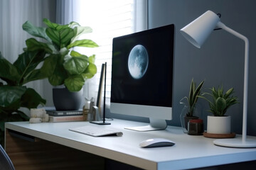 Comfortable workplace with computer in stylish modern room interior at home office