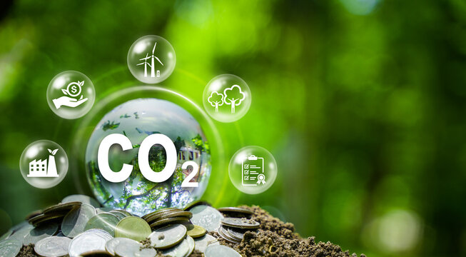 Investing Carbon Credits or CO2 Carbon Trading Certificates Sustainable Business and Environment Industries and companies Reduce carbon emissions to meet net zero emissions goals
