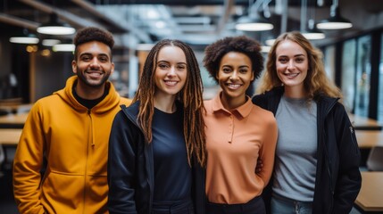 Fototapeta premium Multi-ethnic group of executive workers standing facing the camera in a coworking space