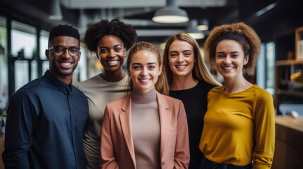 Fototapeta premium Multi-ethnic group of executive workers standing facing the camera in a coworking space