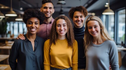 Multi-ethnic group of executive workers standing facing the camera in a coworking space