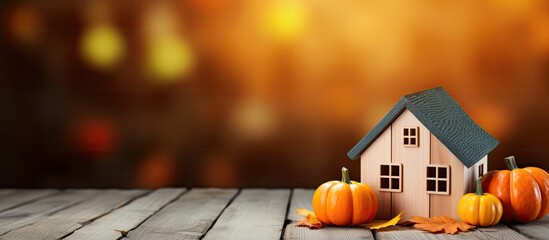 Hello Autumn! This image presents an autumnal background with a toy house and pumpkin on a wooden